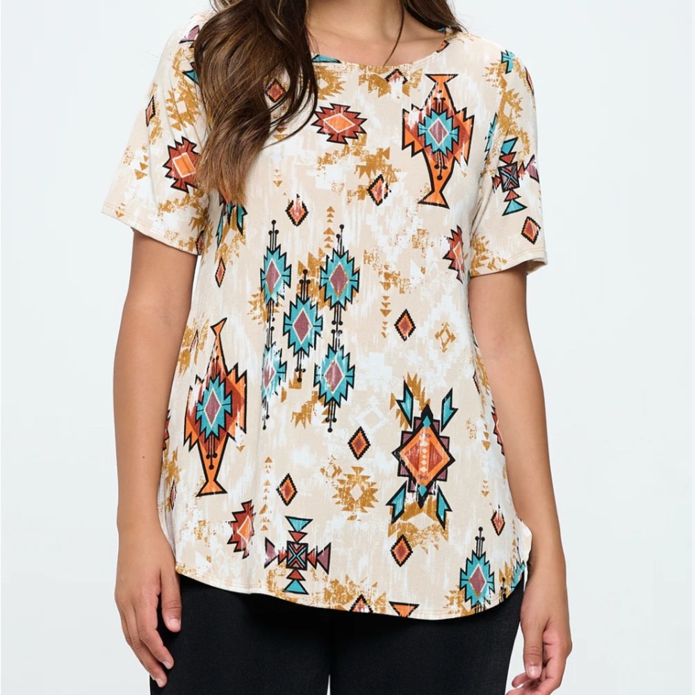 Women's Top Tunic  Multicolor Jostar Stretch Short Sleeve Size Medium